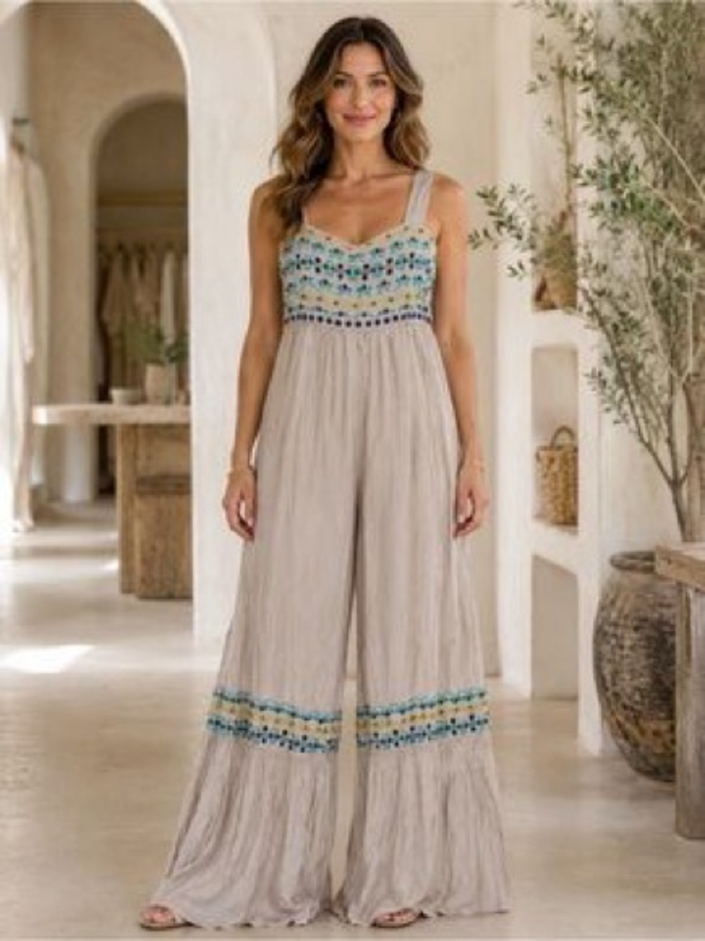 NATURAL LIFE gray Wide-Leg Embroidered Jumpsuit